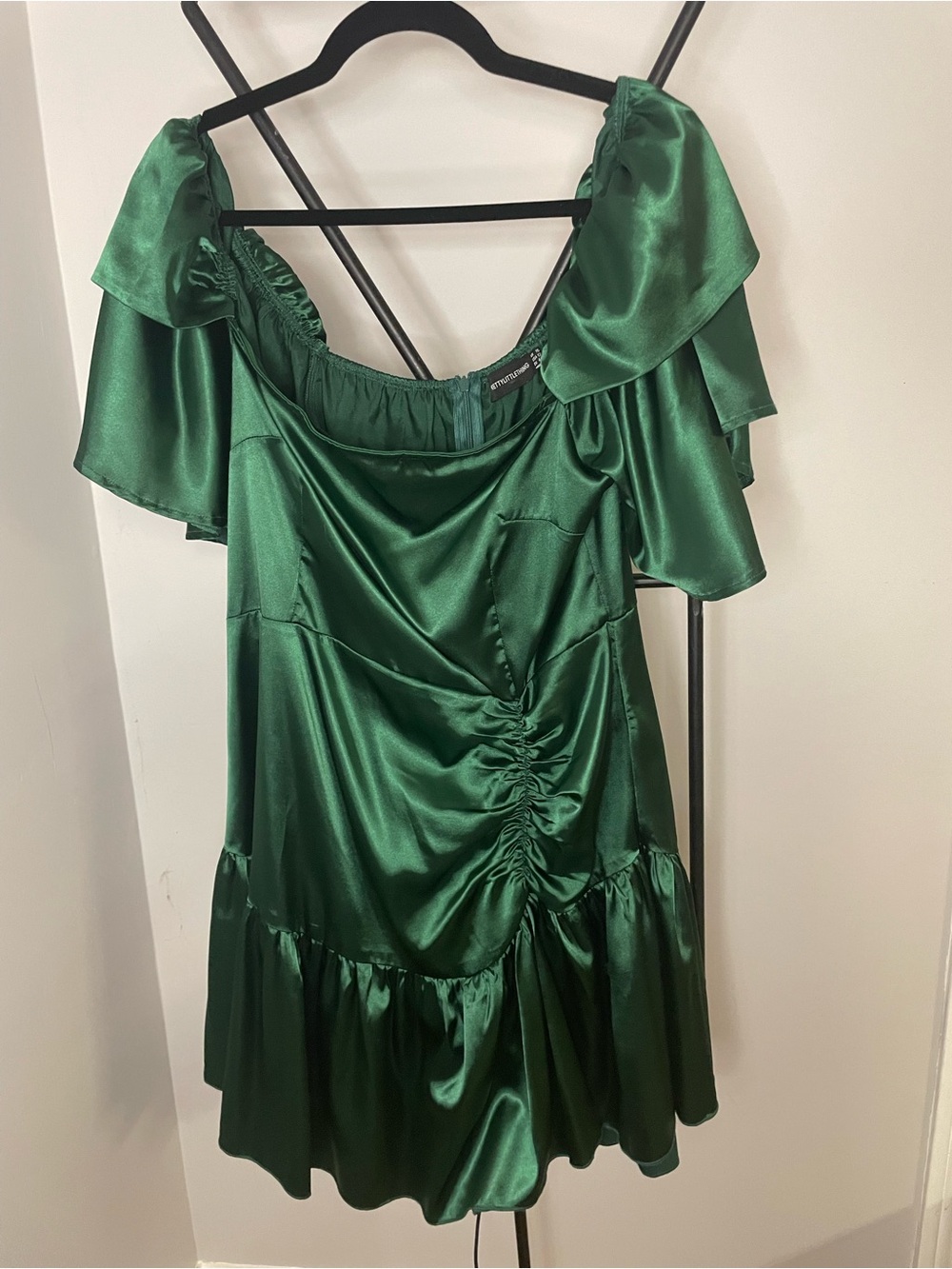 PrettyLittleThing Deep Green Satin Off-Shoulder Mini Dress